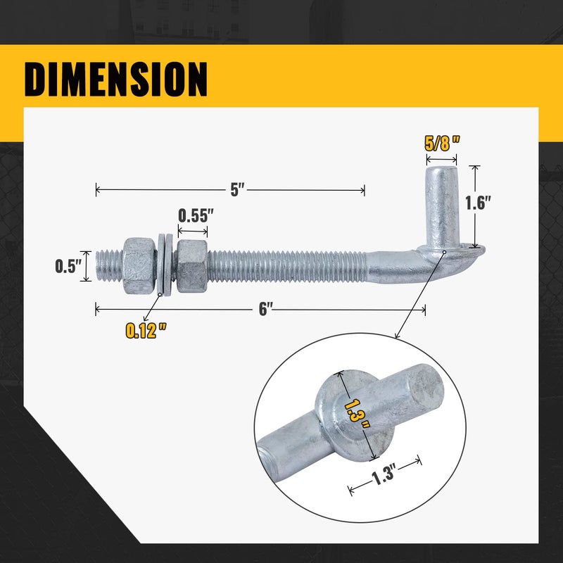 VIVIDA J-Bolt Gate Hinge 6"", Chain Link J-Bolt Post Hinge with 5/8"" Male Hinge Pin, Galvanized Steel, Nuts & Washers Included, 4 Pack - Image 2